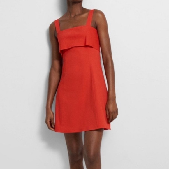 NWT THEORY Drape-Back Dress in Stretch Linen Poppy Eco Crunch Wash - Picture 1 of 10